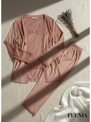 Feenia Veloursy Gül Kurusu Kadife Sabahlıklı Kuşaklı Kadın Üçlü Pijama Takımı