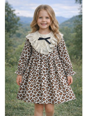 Bilge Trend Kız Bebek Çocuk Dantel Detaylı Leopar Desen Astarlı Keten Doğum Günü , Bayramlık Elbise