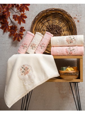 Hazangülü Collection Buldan Üretimi Elit Çeyizlik Nakışlı Kadife 6’lı El/yüz Havlusu I 50X90