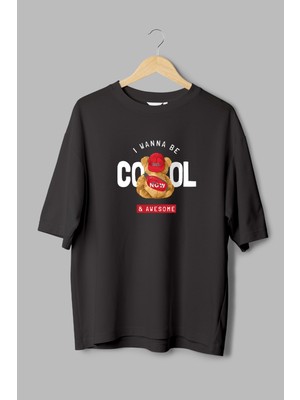 Overoz Cool Teddy Bear Baskılı Yarı Oversize Siyah T-Shirt 1055