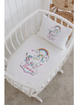 Lilabio Isme Özel %100 Pamuk Lastiksiz Park Yatak Çarşaf Seti (100X120) Gökkuşağı Unicorn