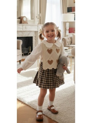 Kidzes Kız Çocuk Bayramlık Triko Yelek Müslin Gömlek Ekoseli Şort Etek Çorap 4parça Takım