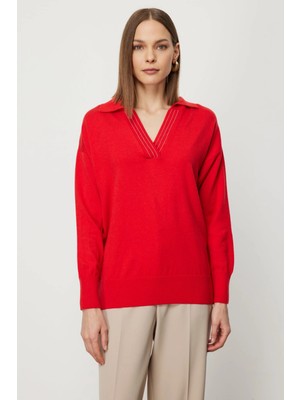 On Fashion Kadın Yakası Zincirli Polo Yaka Kırmızı Kazak 66336