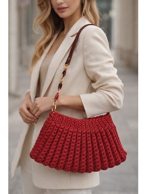 Vela El Yapımı Örgü Zincir Detaylı Askılı Kadın Omuz Çantası – Kırmızı