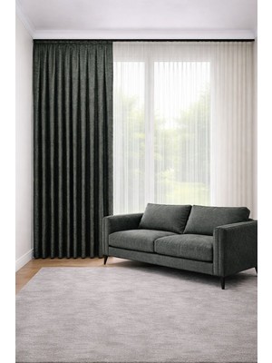 Perde Merkezi Pekin Gri Yeşil Fon Perde Salon ve Misafir Odalarına Uygun 1/3 Sık Pileli Tek Kanat Lüks Modern Fon Perde