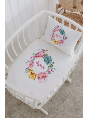 Lilabio Isme Özel %100 Pamuk Lastiksiz Park Yatak Çarşaf Seti (100X120) Kuşlu Çiçek Çember