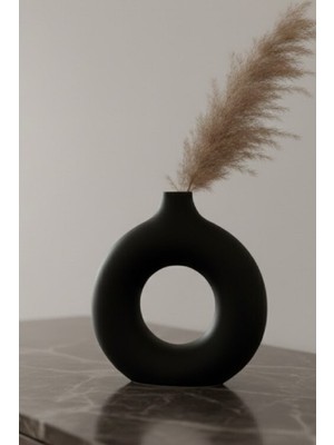 Safir Design Iskandinav Tarzı Siyah Halka Vazo - Estetik Masaüstü Dekorasyonu ve Doğal Pampas Seti