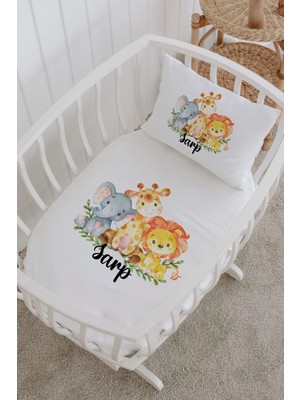 Lilabio Isme Özel %100 Pamuk Lastiksiz Park Yatak Çarşaf Seti (100X120) Animal