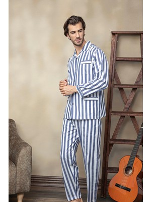 Kly Boy Uzun Kol Mavi Çizgili Pijama Takımı %65 Pamuklu Poplin Kumaş Erkekler İçin