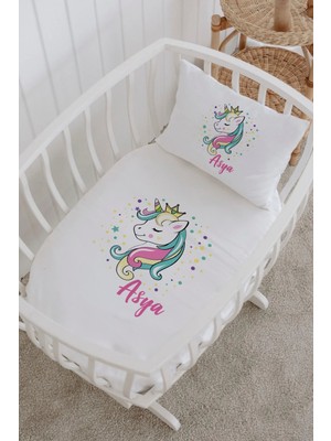 Lilabio Isme Özel %100 Pamuk Lastiksiz Park Yatak Çarşaf Seti (100X120) Unicorn