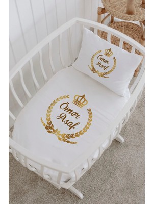 Lilabio Isme Özel %100 Pamuk Lastiksiz Park Yatak Çarşaf Seti (100X120) Gold Çelenk