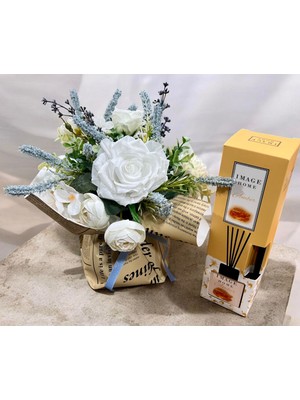 Sedosh Home Vision Lavantalı Beyaz Gül Aranjmanı Yapay Dekoratif - Oda Kokusu Hediyeli