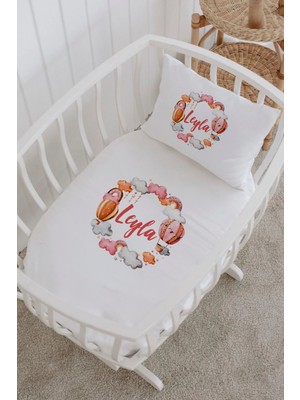 Lilabio Isme Özel %100 Pamuk Lastiksiz Park Yatak Çarşaf Seti (100X120) Pembe Balon