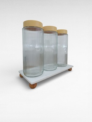 Modern Tasarım 30X15 cm Doğal Mermer Standlı 3’lü Cam Kavanoz Seti – Mutfak Saklama Düzenleyici