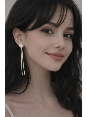 No Name Gold Ince Taşlı Kalp Uzun Abiye Kadın Küpe