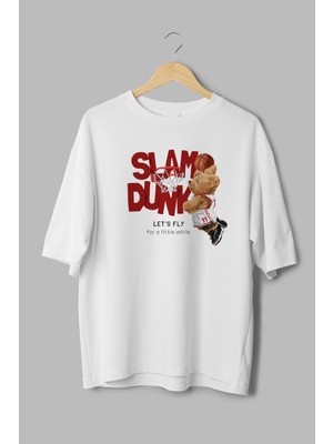 Overoz Teddy Bear Basketbol Smaç Slam Dunk Baskılı Yarı Oversize Beyaz T-Shirt 1078