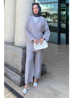 Tesettür Diyarı Mivan Ikili Yazlık Kimono Takım-Gri