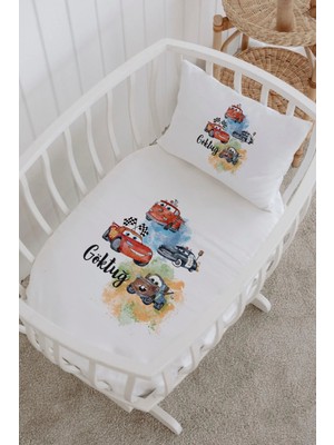 Lilabio Isme Özel %100 Pamuk Lastiksiz Park Yatak Çarşaf Seti (100X120) Arabalar