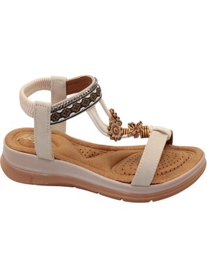 Celira Hkursat Akç A25 Krem Günlük Taşlı Kadın Sandalet Ayakkabı