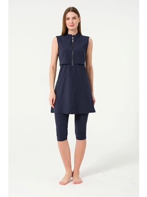 Tesmay Sporcu Likra Kumaş Hızlı Kuruyan Yarım Fermuarlı Sıfır Kollu Taytlı Mayo 3413