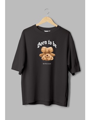 Overoz Teddy Bear Born To Be Different Baskılı Yarı Oversize Siyah T-Shirt 1094