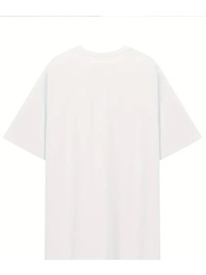 Adisia Baskılı Oversize Bisiklet Yaka T-Shirt - Beyaz