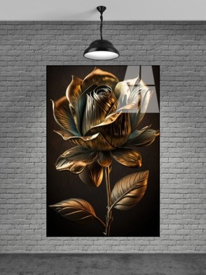 Beta Moda Hub Altın Rengi Sevilen Çiçek Cam Tablo