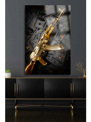 Beta Moda Hub Dolar ve Altin Silah Tasarimi Mafia Tablosu Ev Hediyesi Kirilmaz Lüks Modern Cam Tablo