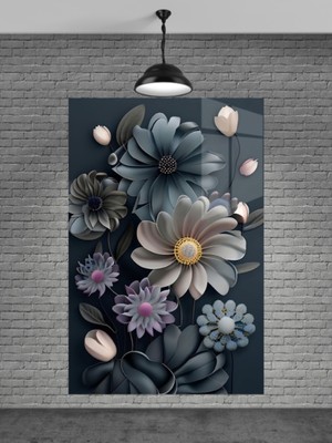 Beta Moda Hub Gri Ton Çiçekler Cam Tablo