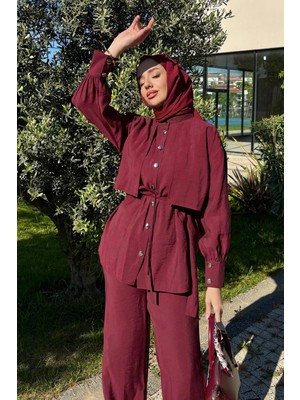 Tesettür Diyarı Kadın Yazlık Kumaş Gömlekli Pantolonlu Rahat Kesim Takım -Bordo