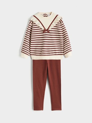 Lcw Kahverengi Bebe Yaka Çizgili Kız Çocuk Sweatshirt ve Tayt