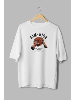 Overoz Aim High Basketbol Baskılı Yarı Oversize Beyaz T-Shirt 1091