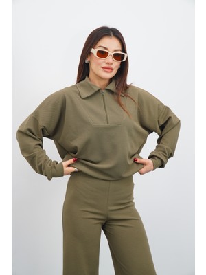 Dı Loria Kadın Haki Renk Eşofman Takım Oversize Fermuarlı Sweatshirt Pantolon