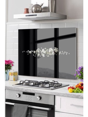 Beta Moda Hub Premium Mutfak Cam Ocak Arkası Koruyucu Tezgah Ankastre Arkası Koruyucu 50X60CM | Çiçek Siyah