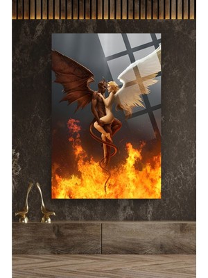 Beta Moda Hub Melek ve Şeytan 4mm Lüks Kırılmaz Temperli Yüksek Çözünürlüklü Cam Tablo