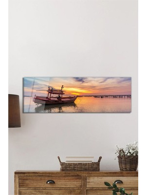 Beta Moda Hub Gün Batımlı Tekne Deniz Manzarası Panorama Cam Tablo, Darbelere Dayanıklı Kırılmaz Temperli