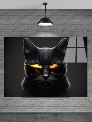 Beta Moda Hub Siyah Gözlüklü Kedi Cam Tablo