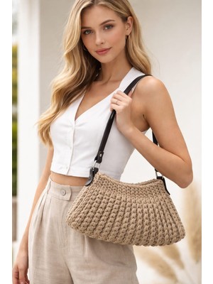 Vela Bohem Kordon Ip El Örgüsü Suni Deri Kayışlı Omuz Çantası – Bej