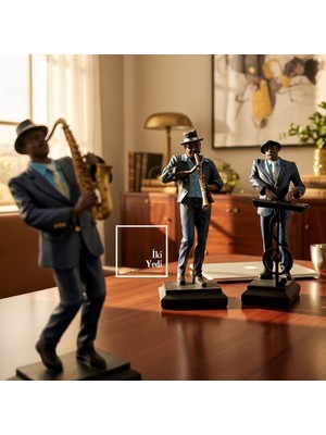İki Yedi Konsept Cocles Jazz Müzisyen Biblo Seti 3’lü, Saksafon Klarnet Piyano Figür Ev Ofis Dekor Hediye Obje Lüks