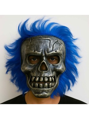 Skygo Wild Skull - Gümüş Kafatası Mavi Saçlı Iskelet Maske