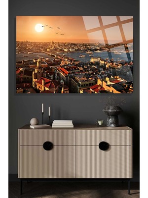 Beta Moda Hub Istanbul Galata Boğaz Manzarası Gün Batımı 4mm Kırılmaz Temperli Yüksek Çözünürlüklü Cam Tablo