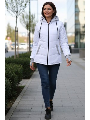 Barbora Kadın Kışlık Su Geçirmez Beyaz Şişme Mont Eldivenli Günlük Model