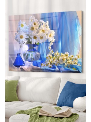 Beta Moda Hub Vazo ve Papatya | Çiçek Temalı Temalı Modern Uv Dijital Baskı Dekoratif Cam Tablo | 50X70 cm