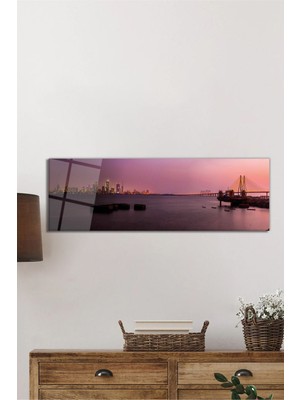 Beta Moda Hub Renkli Deniz ve Şehir Panorama Çerçevesiz Cam Tablo, Duvara Asmaya Hazır Metal Askı Aparatlı