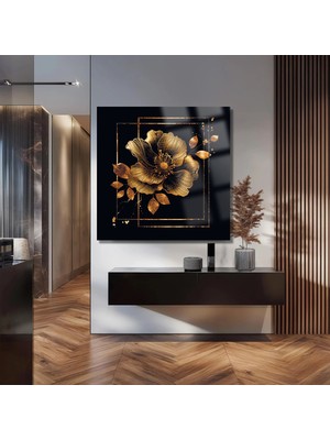 Beta Moda Hub Gold Çiçek Ultra Yüksek Çözünürlük Kare Cam Tablo Ev Iş Yeri Ofis Hediyesi Soyut Tasarım Tablo