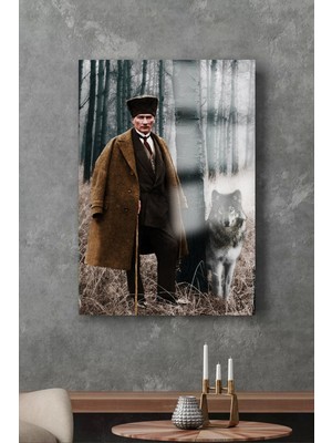 Beta Moda Hub Ultra Yüksek Çözünürlüklü Kurt ve Atatürk Tablosu 4mm Kırılmaz Cam Tablo Ev, Salon, Hediyesi