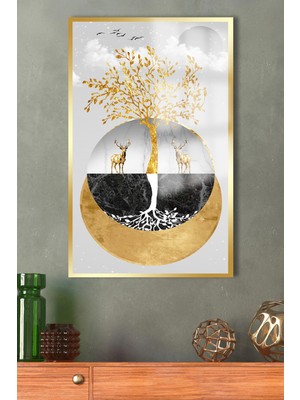 Beta Moda Hub Gold Detaylı Geyik Harika Tasarım Lüks Kırılmaz Cam Tablo 4mm Ev Iş Yeri Ofis Hediyesi Tablo