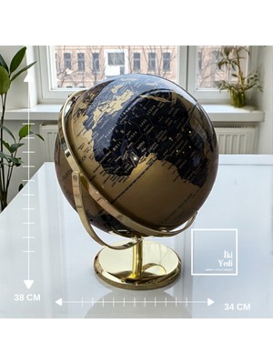 İki Yedi Konsept Cruz Gold Renkli 38 cm Altın Siyah Dünya Küresi Ofis Masaüstü Dekoratif Küre Hediyelik Prestij Obje