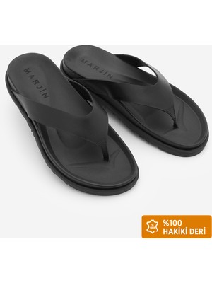 Marjin Kadın Hakiki Deri Parmak Arası Günlük Terlik Tarkin Siyah