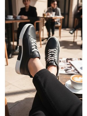 Enoch Hakiki Deri Siyah Bağcıklı Beyaz Tabanlı Erkek Comfort Sneaker
